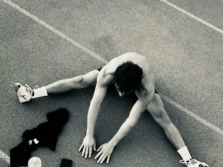 Student-athlete stretching on the track after training